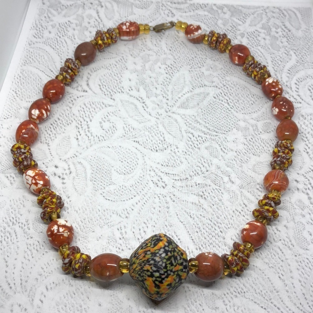 Vintage artisan vibrant ceramic and glass statement necklace boho style …